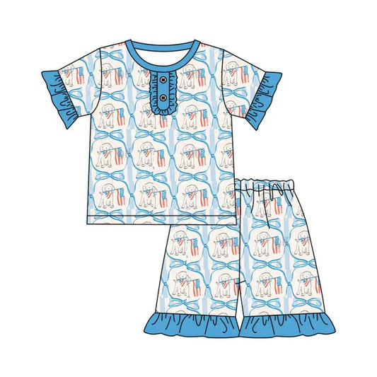 Preorder (moq 5)Baby Girls Bows Dogs Flags Checked Button Top Ruffle Shorts 4th of July Clothes Sets 12.1