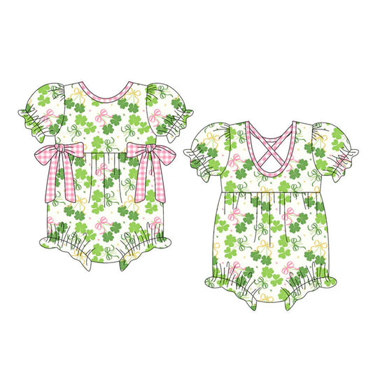 Preorder (moq 5)Baby Girls Short Ruffle Sleeve Bows Clovers St Patrick Rompers 10.16