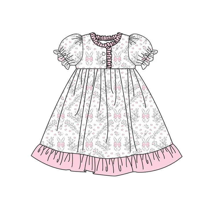 Preorder (moq 8)Baby Girls Flowers Rabbits Button Ruffle Easter Knee Length Dresses 9.16