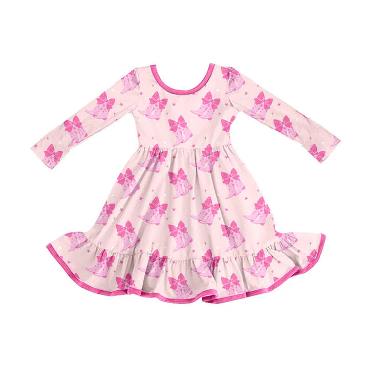 Preorder (moq 5)Baby Girls Pink Bows Boots Valentine Ruffle Knee Length Dresses 9.3