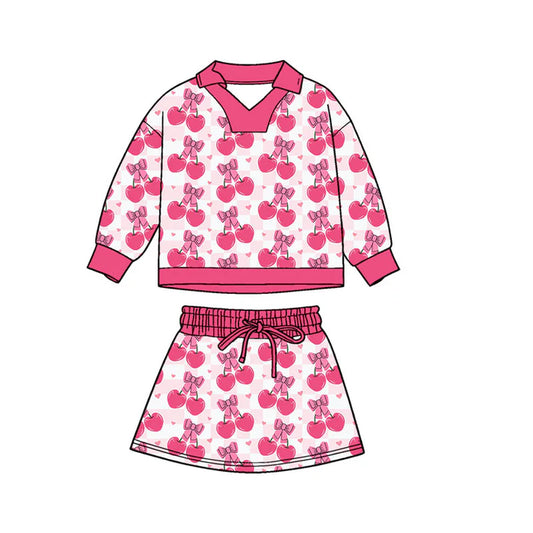 Preorder (moq 5)Baby Girls Hearts Cherry Checked Top Skirt Shorts Valentines Clothes Sets 11.20