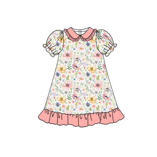 Preorder(moq 5) Baby Girls Short Sleeve Colorful Floral Collar Ruffle Knee Length Dresses 11.11