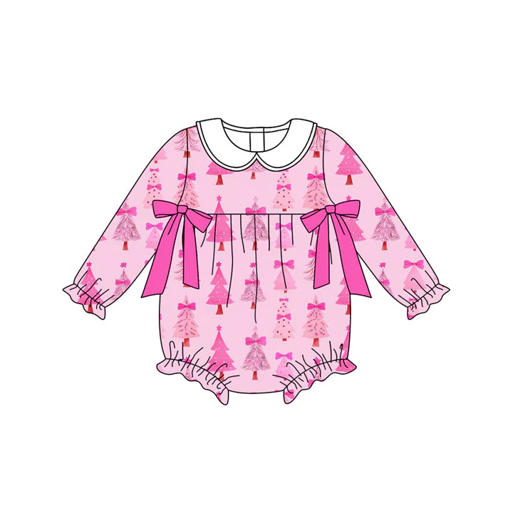 Preorder moq 5 Baby Infant Girls Hot Pink Long Sleeves Christmas Trees Plaid Ruffle Romper 7.14