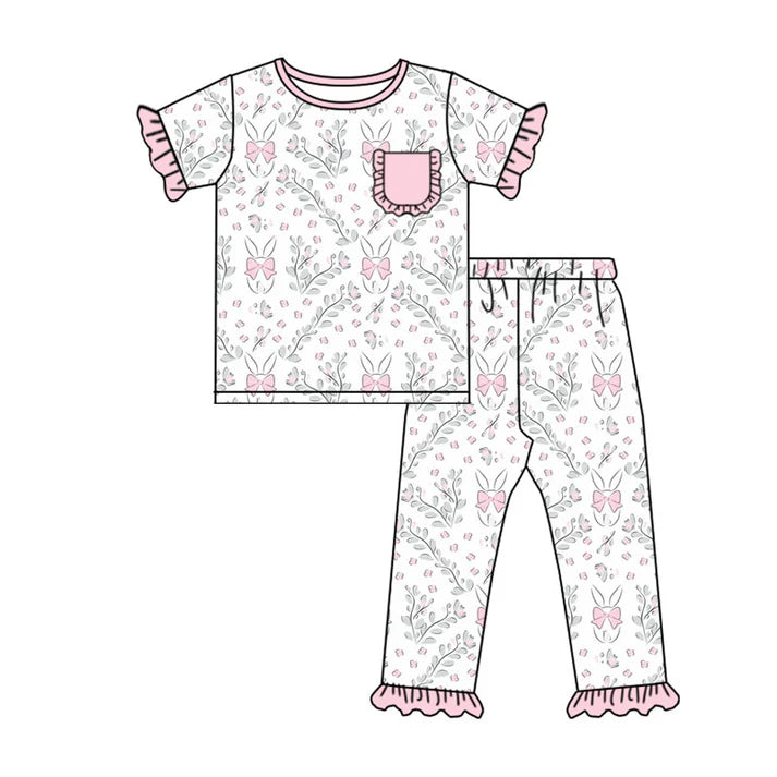 Preorder (moq 8)Baby Girls Pink Flowers Rabbits Top Ruffle Pants Easter Pajamas Sets 9.16