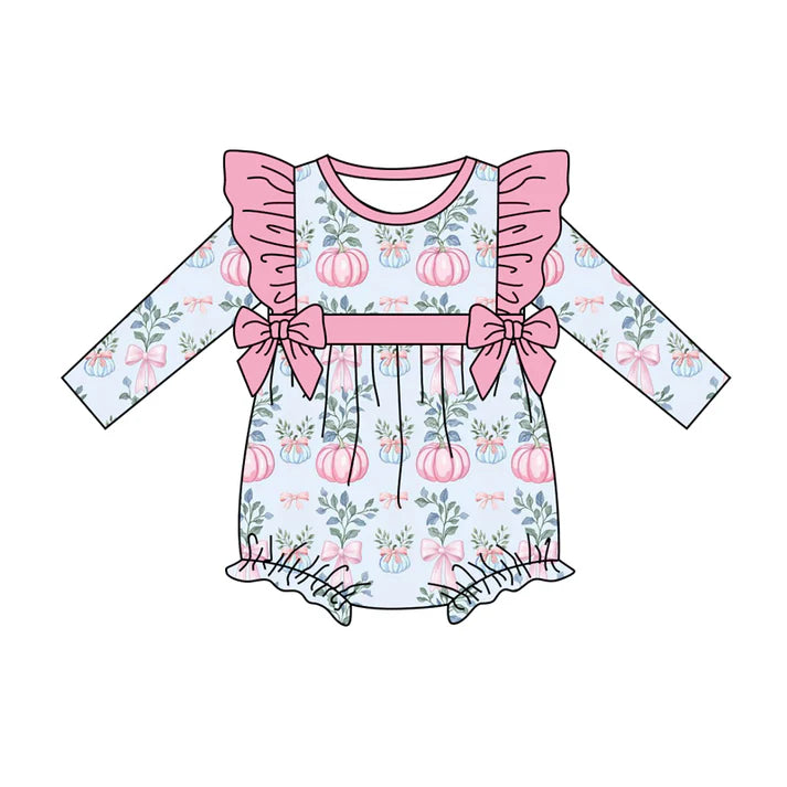 Preorder (moq 5)Baby Girls Long Sleeves Floral Pumpkins Bows Ruffle Romper 7.5