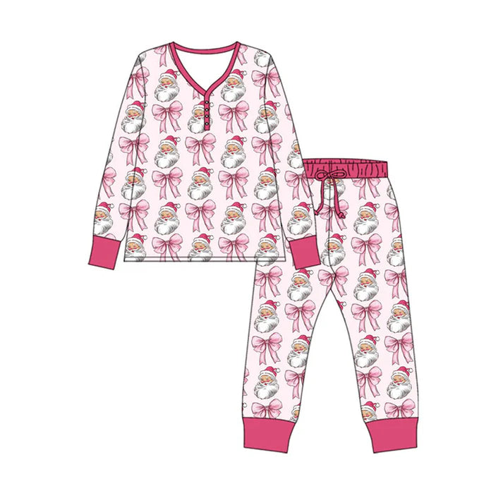 Preorder (moq 8)Baby Girls Pink Santa Bows Button Top Pants Christmas Pajamas Sets 9.18