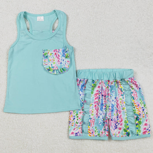 Baby Girls Clothes Aqua Pocket Bow Vest Ruffle Shorts Sets GSSO1982