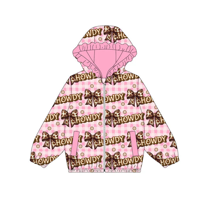 Preorder (moq 8)Baby Girls Pink Checked Bows Howdy Pockets Zipper Ruffle Hoodies Jackets Top 9.8