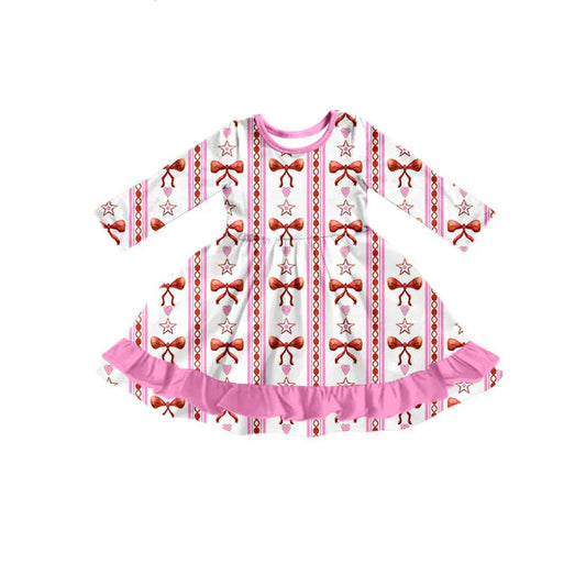 Preorder(moq 5) Baby Girls Pink Bows Hearts Stripe Valentine Ruffle Knee Length Dresses 10.17