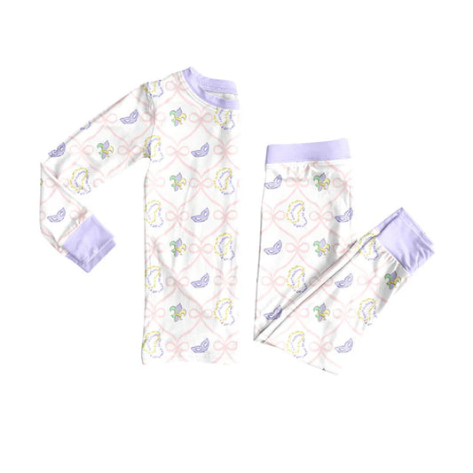 Preorder(moq 5) Baby Girls Bows Masks Checked Top Pants Mardigras Pajamas Sets 10.16