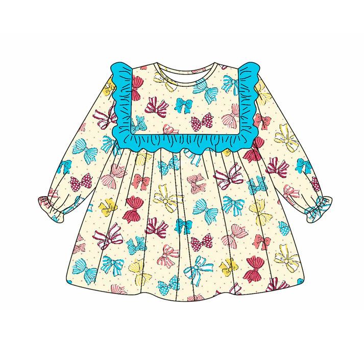 Preorder (moq 5)Baby Girls Long Ruffle Sleeves Colorful Bows Knee Length Dresses 5.20
