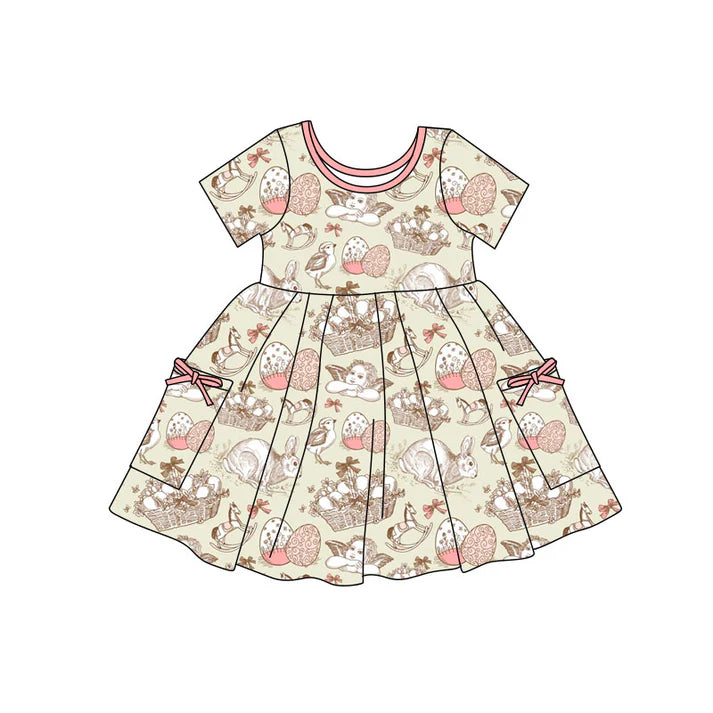 Preorder(moq 5) Baby Girls Angles Rabbits Easter Pockets Knee Length Dresses 11.4