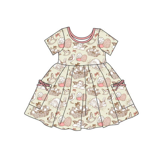 Preorder(moq 5) Baby Girls Angles Rabbits Easter Pockets Knee Length Dresses 11.4