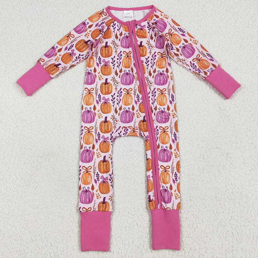 Halloween Baby Girls Rompers Pink Floral Pumpkins Footie Zipper Rompers LR2270 6.17