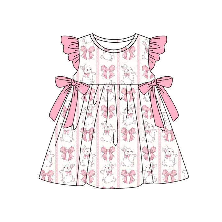 Preorder(moq 5) Baby Girls Pink Flutter Sleeve Bows Rabbits Stripe Easter Knee Length Dresses 11.18