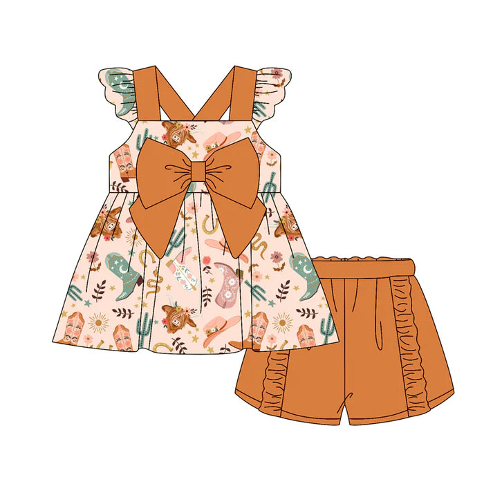 Preorder (moq 5)Baby Girls Pink Flutter Sleeves Highland Cows Boots Tunic Ruffle Short Set 4.26