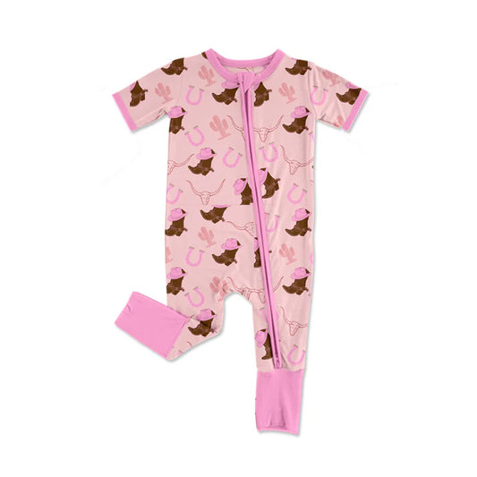 Preorder (moq 5)Baby Girls Hat Boots Bull Skulls Western Two Way Zip Convertible Rompers 11.26