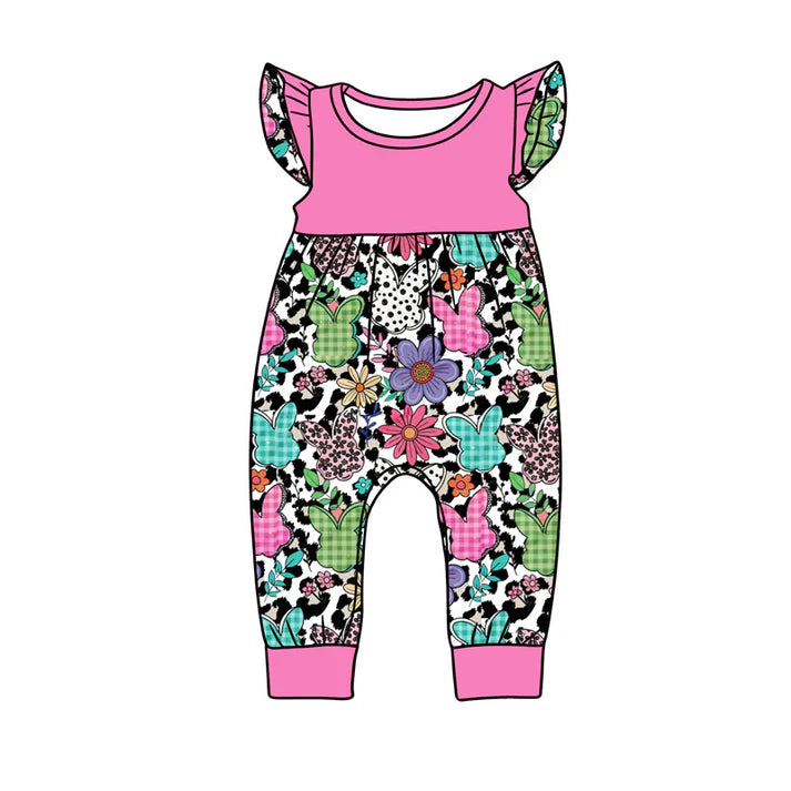 preorder(moq 5) Baby Girls Flutter Sleeve Colorful Rabbits Leopard Easter Rompers 1.13