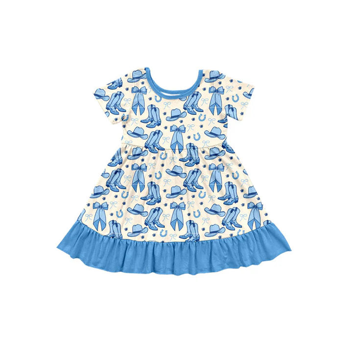 Preorder (moq 5)Baby Girls Bows Boots Hats Western Ruffle Knee Length Dresses 11.24