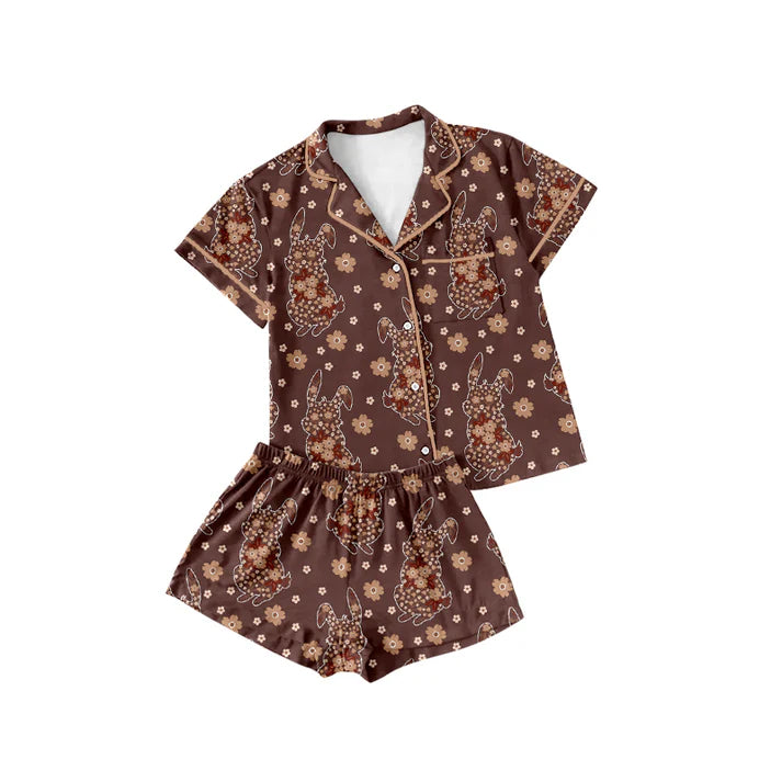 Preorder (moq 5)Baby Girls Brown Flowers Rabbits Pockets Button Top Shorts Easter Pajamas Sets 12.12