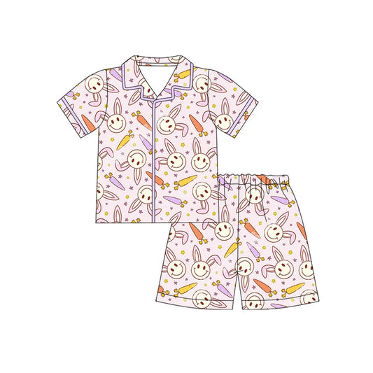 Preorder (moq 5)Baby Girls Rabbits Carrots Stars Button Top Shorts Easter Pajamas Sets 12.13
