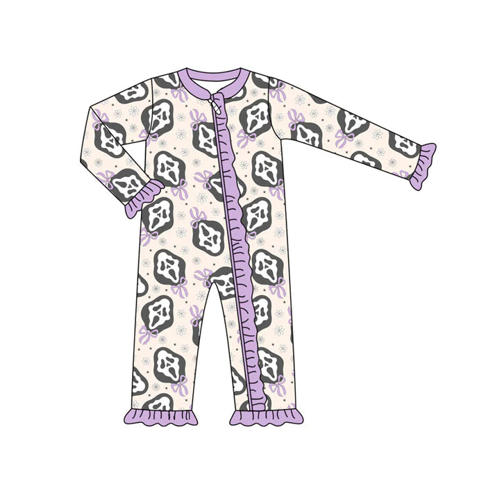 Preorder (moq 5)Baby Girls Long Sleeves Bows Ghosts Plaid Ruffle Zipper Pant Romper 7.5