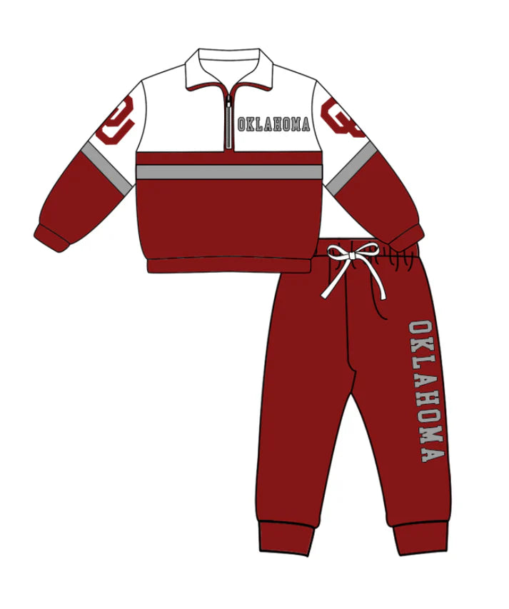 Preorder (moq 5)Baby Boys Red Oklahoma Zipper Pullover Jogger Pants Team Clothes Set 1.7