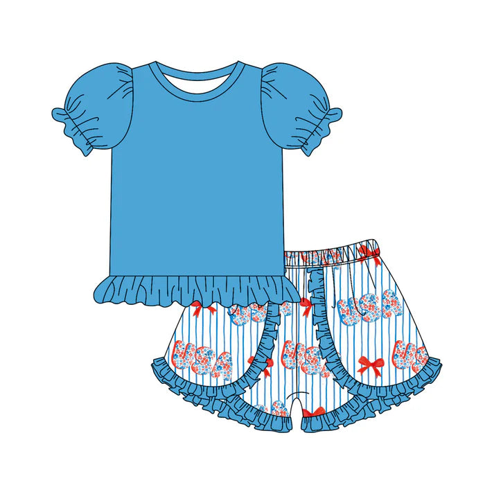 Preorder moq 5 Baby Girls Blue Short Ruffle Sleeves Top Bows USA Short 4th Of July Set 4.23