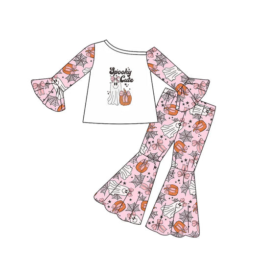 Preorder(moq 5) Baby Girls Halloween Spooky Cute Ghost Top Bell Pants Outfits Sets 8.7