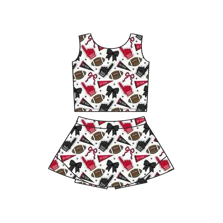 Preorder moq 5 Baby Girls Sleeveless Red Blue Football Cheer Plaid Vest Top Skorts Team Set 7.11
