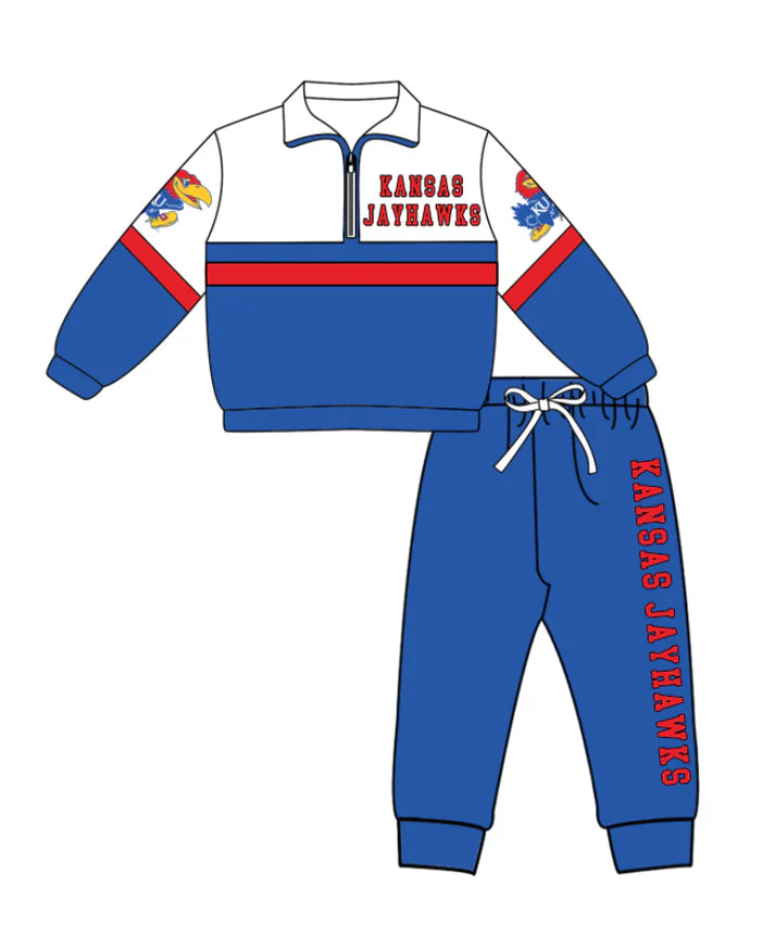 Preorder (moq 5)Baby Boys Kansas Jayhawks Zipper Pullover Jogger Pants Team Clothes Set 1.7