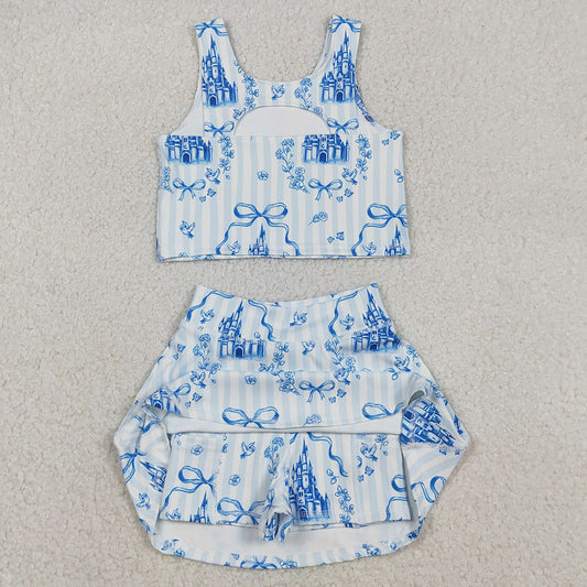 Baby Girls Clothes Blue Castles Bows Top Skirt Shorts Yoga Active Clothes Set GSD3067 12.10