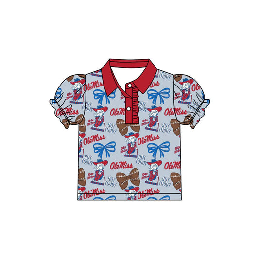 Preorder(moq 5)Baby Girls Olemiss Bows Team Short Sleeve Tee Pullovers Polo Shirts Tops 7.22
