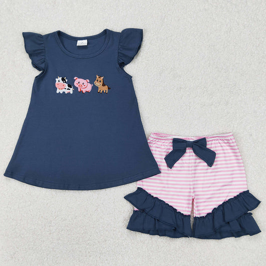 Baby Girls Clothes Blue Farm Animals Shirt Stripes Shorts Sets GSSO2110