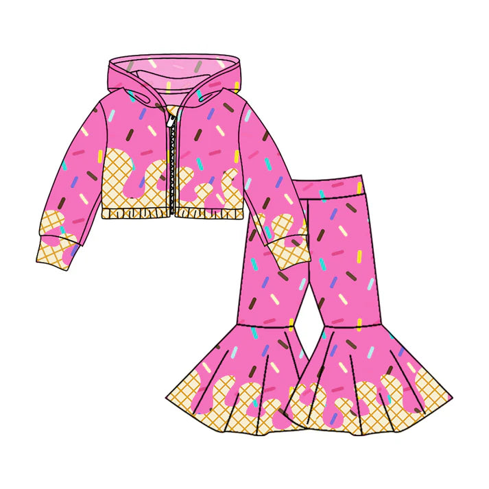 Preorder (moq 5)Baby Girls Hot Pink Long Sleeves Drip Zipper Jacket Top Bell Bottom Pant Team Clothes Sets 8.5