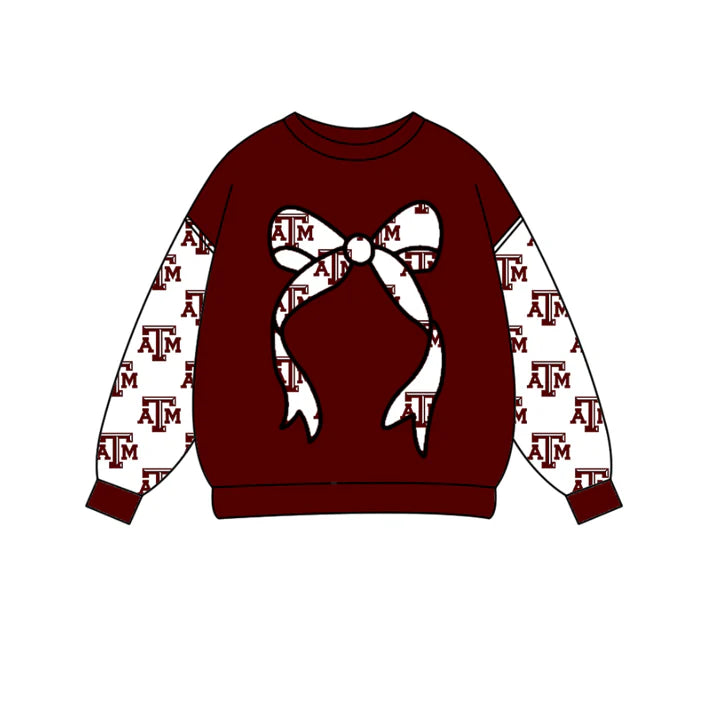 Preorder Moq 5 Baby Girls Dark Red Long Sleeve ATM Bows Team Tee Shirts Top 10.16
