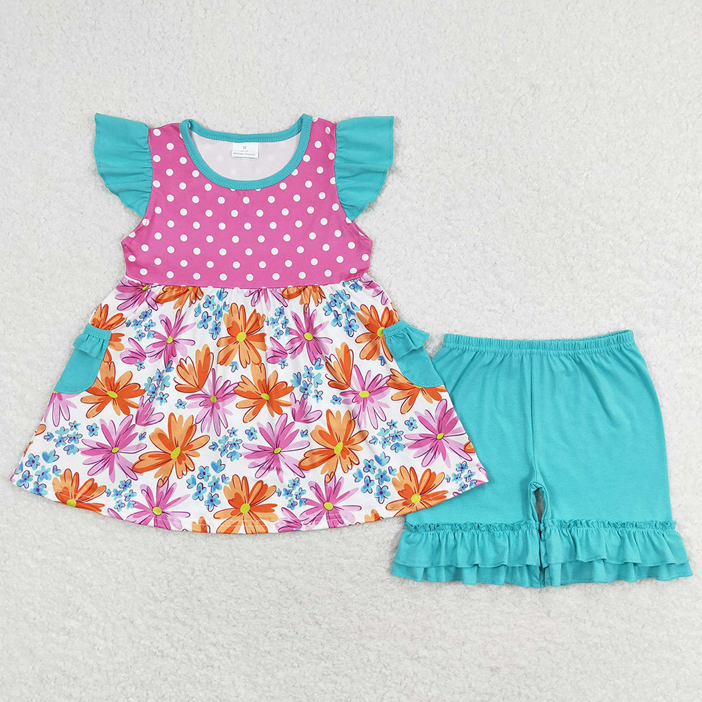 Baby Girls Clothes Dots Flowers Tunic Top Ruffle Shorts Sets GSSO1100