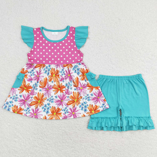 Baby Girls Clothes Dots Flowers Tunic Top Ruffle Shorts Sets GSSO1100