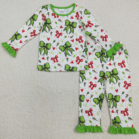 Baby Girls Pajamas Christmas Green Red Bows Hearts Top Pants Sleepwear Sets GLP2628 8.9