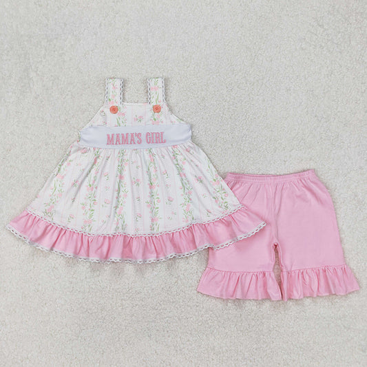 Embroidery Baby Girls Clothes Pink Bows Mama's Girl Straps Tunic Ruffle Shorts Outfits GSSO2153