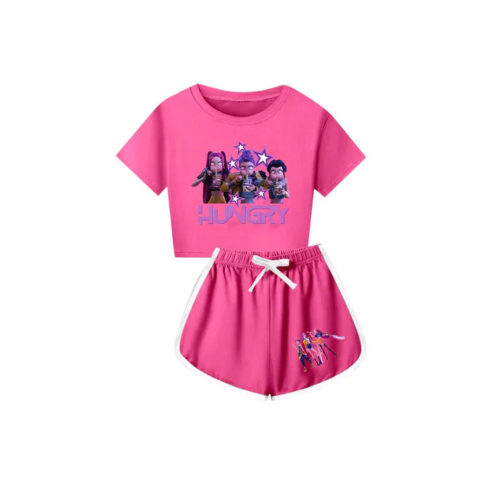Preorder(moq 5) Baby Girls Cartoon Girls Hungry Top Shorts Pink Clothes Sets 10.4
