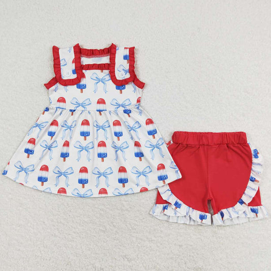 Baby Girls Clothes Popstick Bows Tunic Tops Ruffle Shorts Sets GSSO1152
