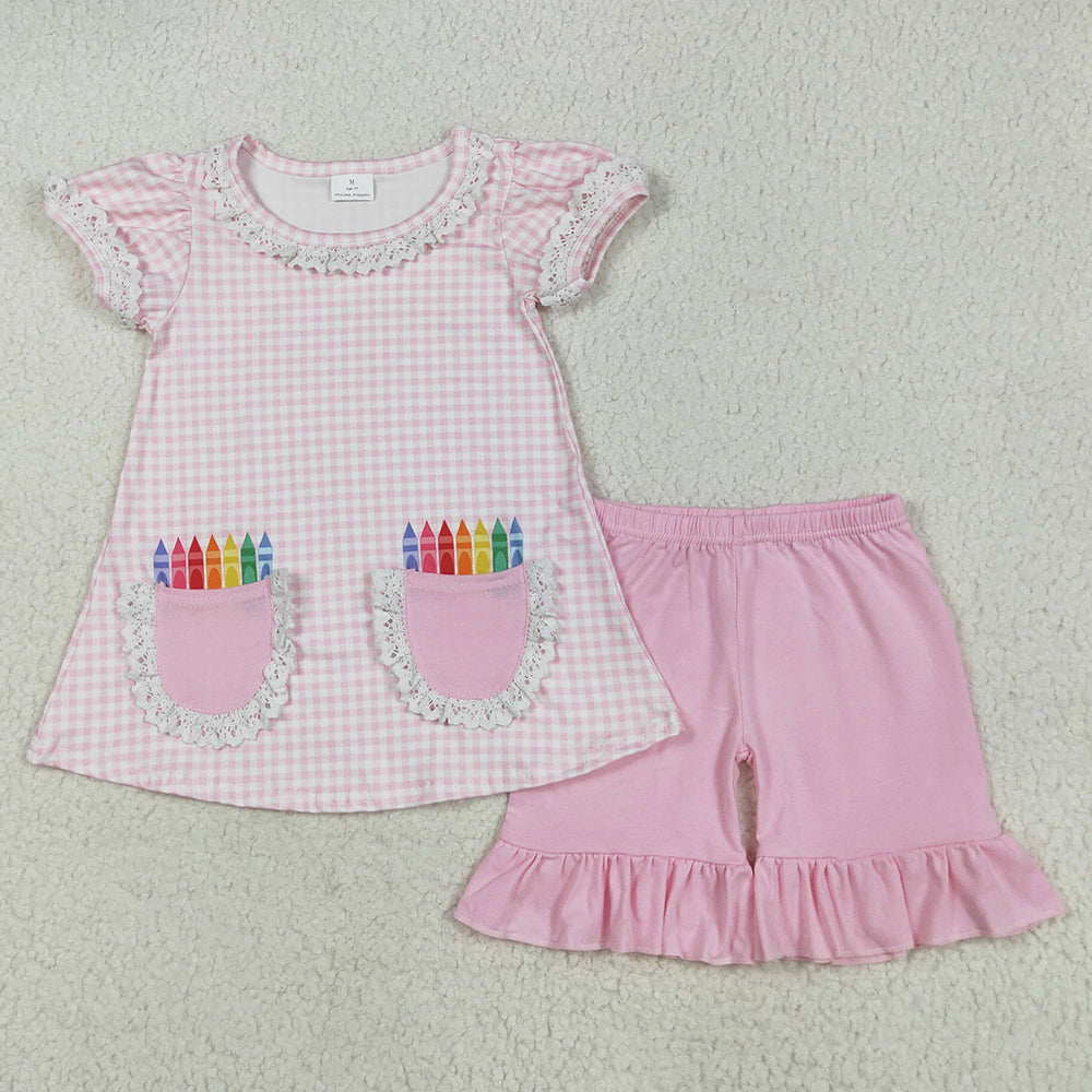 Baby Girls Clothes Pink Plaid Pencils Pockets Tunic Ruffle Shorts Sets GSSO2388 5.23