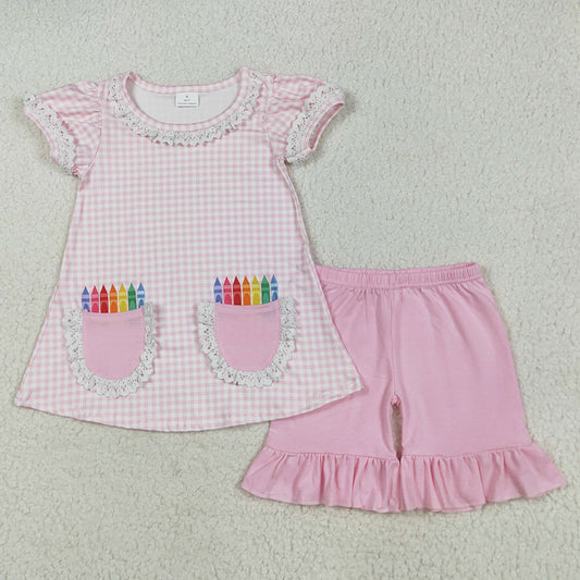 Baby Girls Clothes Pink Plaid Pencils Pockets Tunic Ruffle Shorts Sets GSSO2388 5.23
