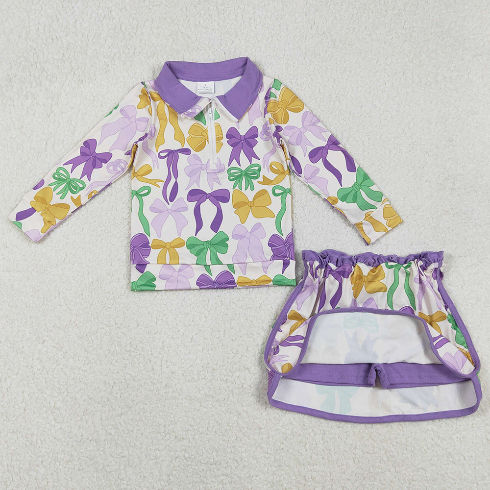 Baby Girls Clothes Mardi Gras Bows Zipper Pullover Skirt Shorts Clothes Sets GLD1333 11.6