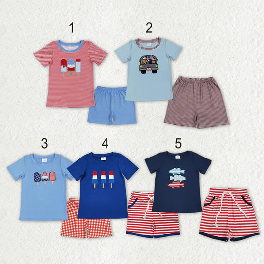Sibling Baby Boys Embroidery Popsicle Flags Top Pockets Short 4th of July Clothes Sets