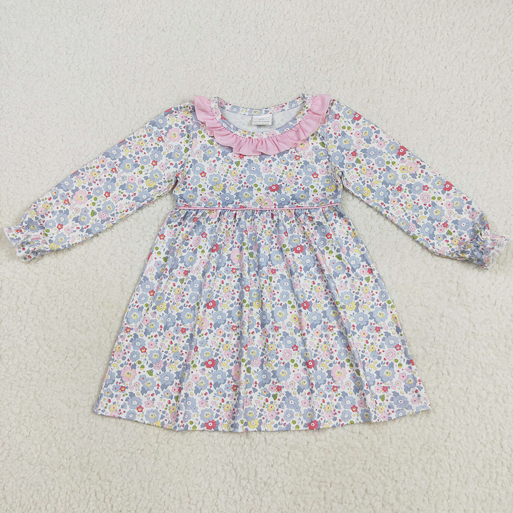 Baby Girls Dress Fall Pink Blue Floral Flowers Knee Length Dresses GLD1120 8.6
