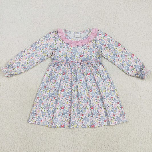 Baby Girls Dress Fall Pink Blue Floral Flowers Knee Length Dresses GLD1120 8.6