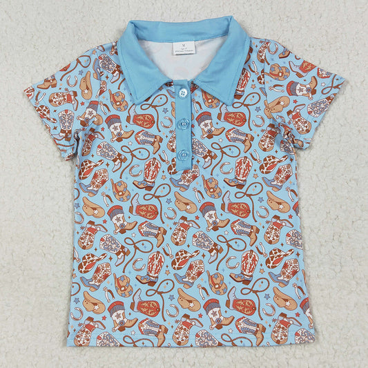 Baby Boys T-shirts Blue Western Hats Boots Button Shirts Tops BT1256 6.25