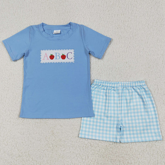 Baby Boys Clothes Blue Embroidery Apple ABC Top Plaid Shorts Back To School Clothes Sets BSSO1331 6.6